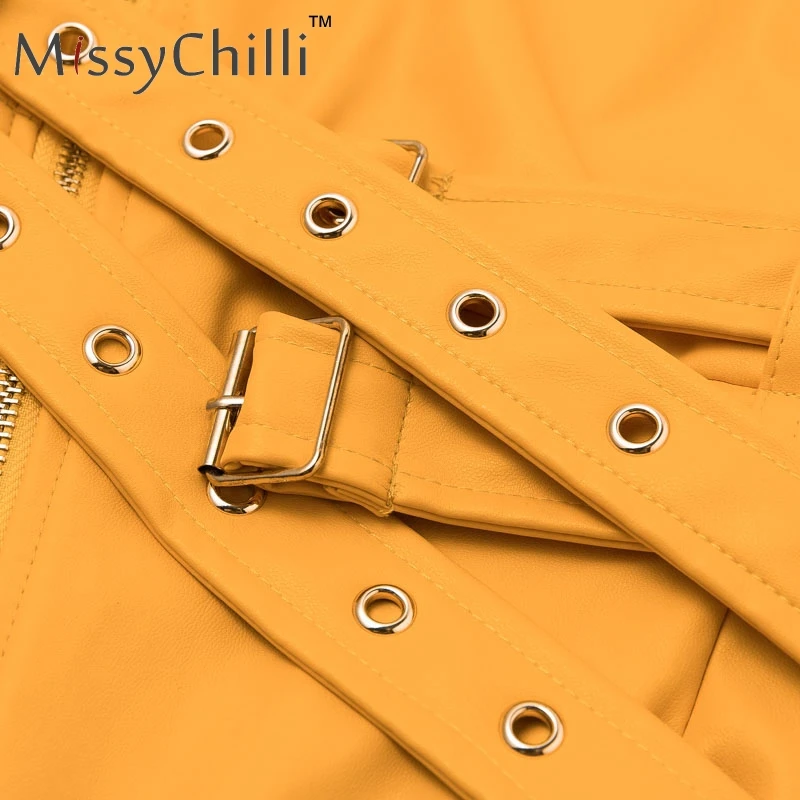 MissyChilli One shoulder yellow sexy dress Elegant belt bodycon autumn Pu leather dress Party zipper night club dress winter