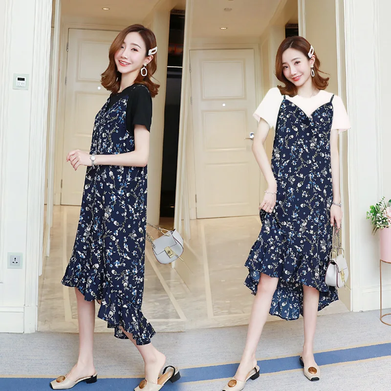 

2019 Summer Wear New Style Pregnant Women Set Floral-Print Chiffon Strapped Dress + Short Sleeved T-shirt Two-Piece Set Pregnant