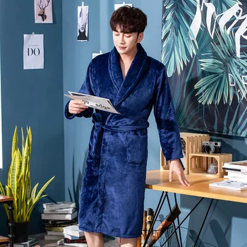 

Winter Lovers Flannel Long Robe Kimono Gown Sleepwear Casual Bathrobe Gown Nightdress Elegant Solid Navy Blue Nightwear Homewear