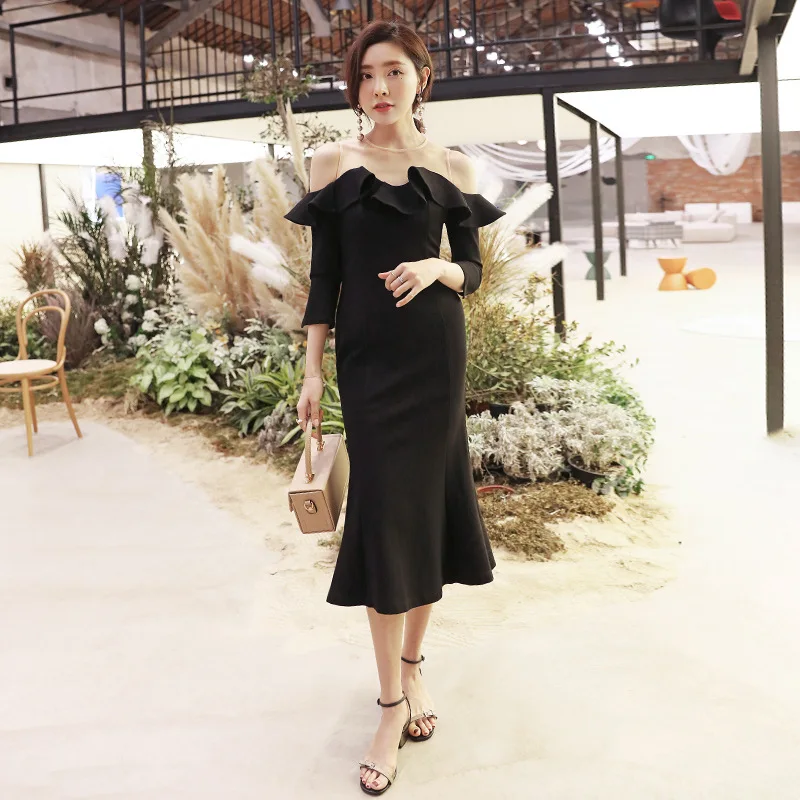 

HUAYIMENGYI Elegant Spring Women Bodycon Fishtail Black Dress Strapless Ruffles O Neck Slim Mesh Ladies Evening Party Dresses