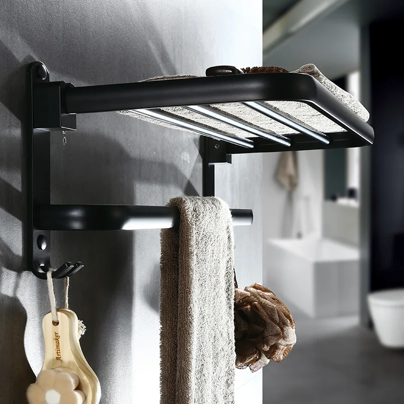 Черная матовая алюминиевая складная Полка для полотенец для ванной комнаты с крючками и вешалкой для полотенец полки для ванной комнаты Набор оборудования