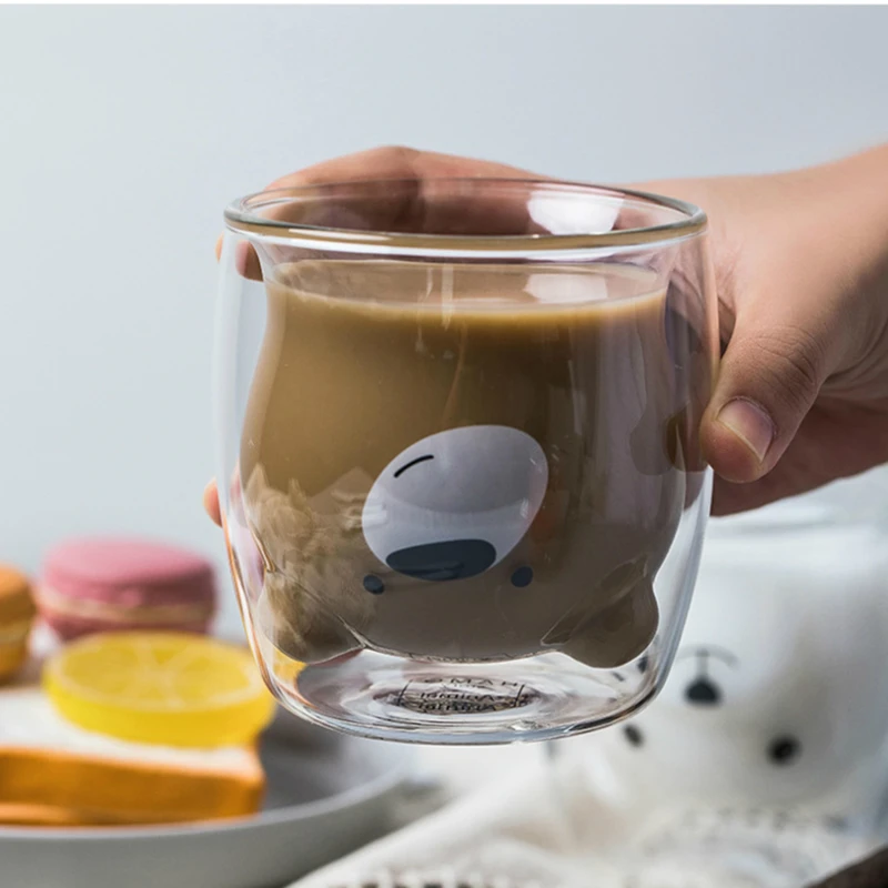 Милые стеклянные кружки в форме медведя с двойными стенками, устойчивая чайная кружка кунг-фу, чашка для молока, чашка для лимонного сока, посуда для напитков, кофейные чашки для влюбленных детей, кружка в подарок - Цвет: Polar bear1