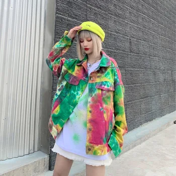

2020 Spring Autumn New Fashion Denim Jacket Women Loose Long sleeve Tie-dye Denim Coat Wild Washed Jeans Jacket Streetwear G088