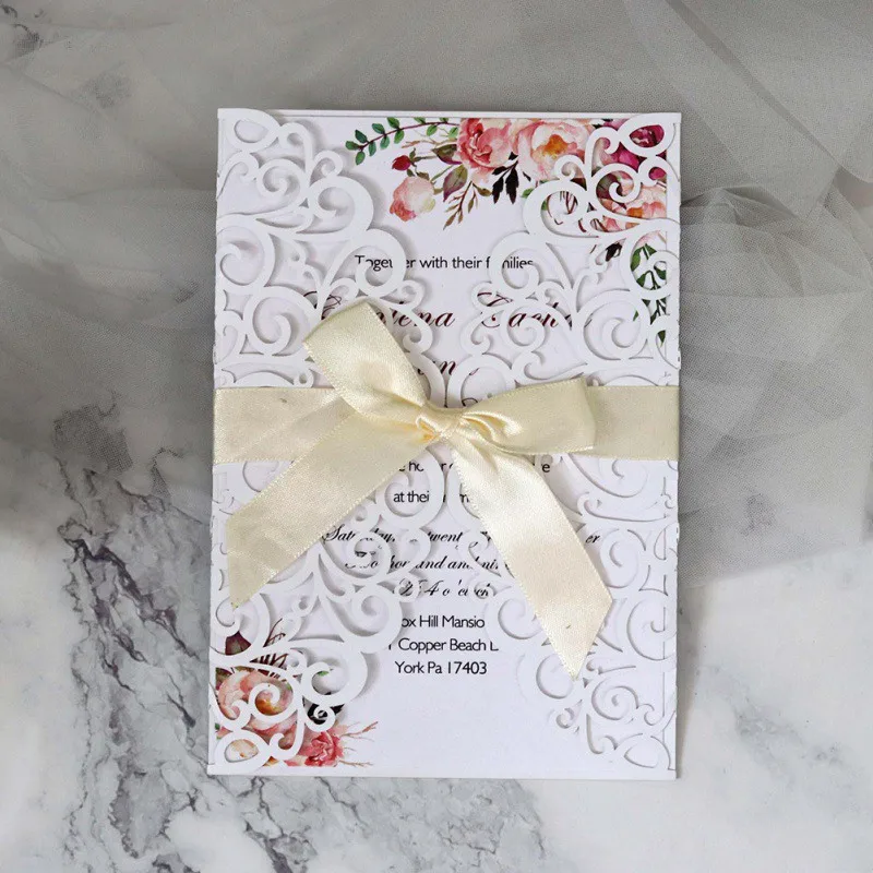  Luxury Flora Wedding Invitations Card Elegant Lace Favor Print Wedding Gold Red White Laser Cut Env - 4.00015E+12