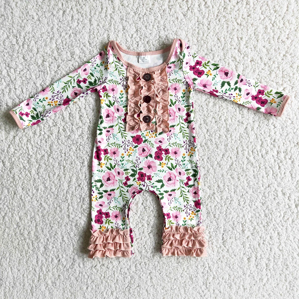 Wholesale/retail flower baby girls jumpuits button kids ruffle romper