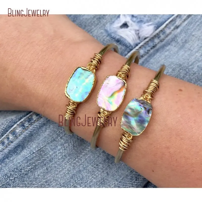 Золотой рыбья кость сырья Boho Chic Радужный Галиотис оболочки жесткий Браслет