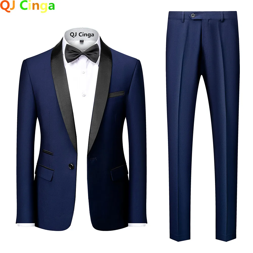 Black Men 2 Pieces Set, Mariage Color Block Collar Suits Jacket Trousers, Male Business Wedding Blazers Coat Pants, Asian Size