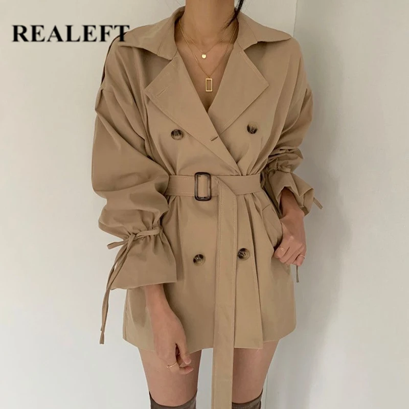 REALEFT-gabardina minimalista de color caqui para mujer, gabardina con fajas de abrigo, rompevientos, manga ancha, doble botonadura, otoño e invierno, novedad de 2020