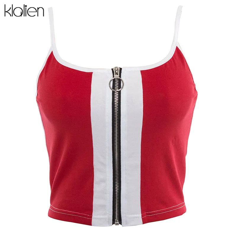 KLALIEN новые модные красные и белые лоскутные женские короткие топы на молнии, хлопковые повседневные трикотажные топы на бретелях, Camis, тонкая кофточка