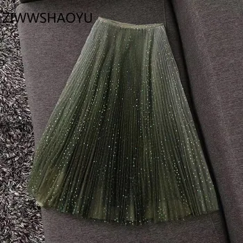 

ZIWWSHAOYU Women Summer Vintage Green Mesh Midi Skirt Fashion Designer Ladies Sequined Embroidery Elegant Pleated Skirts