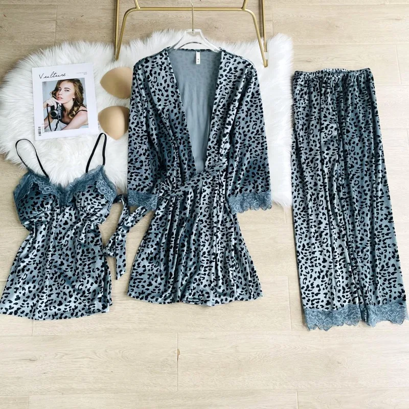 

Женский леопардовый пижамный комплект, 3 шт., велюровое нижнее белье, кимоно, ночная рубашка и Пижамные брюки, костюм для невесты, халат для осени