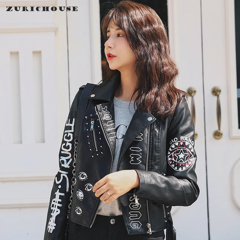 Zurichouse Punk Faux Leather Jacket Women Spring 2020 Streetwear Hip Hop Graffiti Print Motorcycle Biker Jacket Female Leather Jackets Aliexpress