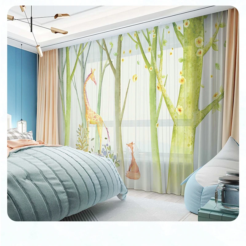 

Custom Chiffon Curtain Window Drape for Nursery Kids Children Living Room Tree Giraffe Fox
