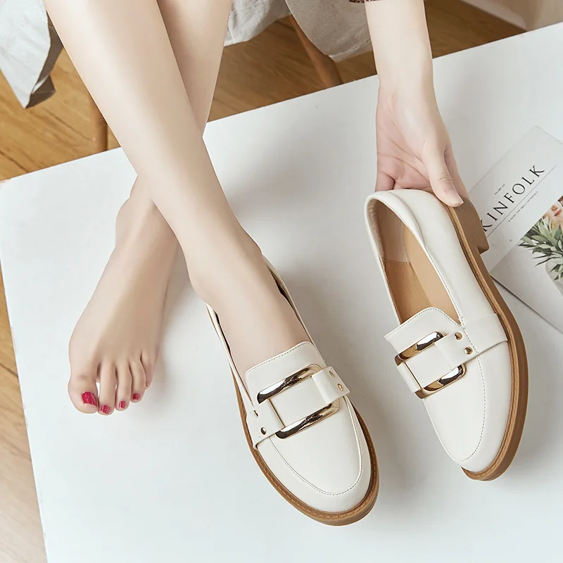 Woman Leather Shoes Spring Autumn 2020 Casual Fashion Black Loafers Flats Shallow Round Toe Slip-on Off White Shoes Women