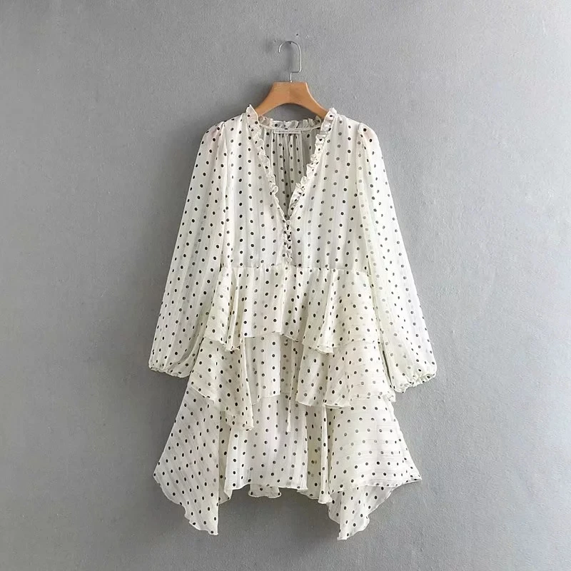 

Summer Loose Dress Retro Long-sleeved V-neck Dot Irregular Cake Dress Women
