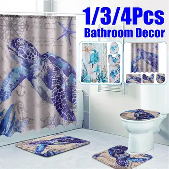 

4 In 1 Bathroom Set Sea Turtles Waterproof Shower Curtain Toilet Cover Non-Slip Bath Rug Mat Set Bathroom Decor 180*180CM