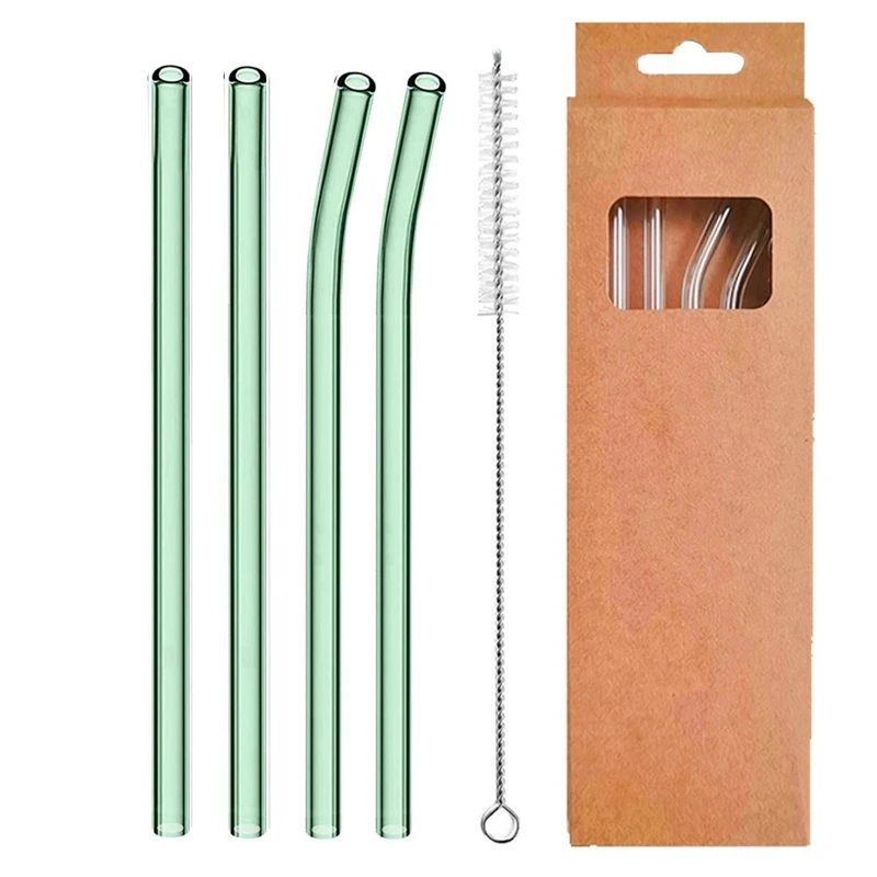 Lot De 4 Pailles En Verre Réutilisables, Droites Et Courbées De 8 Mm