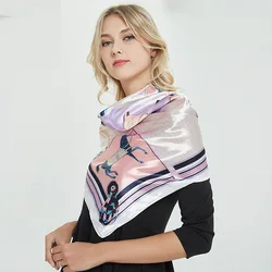 90cm Satin Square Silk Scarf Large Horse Chain Women Wrap Shawl Spring Summer Lady Fashion Scarves