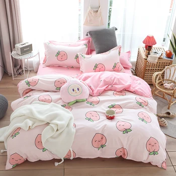 

New Pink Lovely Peach Fruit Printed Bedding Sets 3/4pcs Soft Duvet Cover Set Twin Queen King Size Bed Linen Bed Sheet Pillowcase