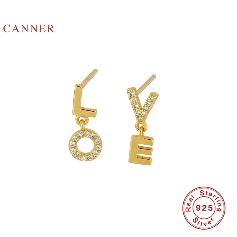 

CANNER Earrings For Women Real 925 Sterling Silver English Alphabet Love Piercing Stud Earrings Zircon Diamond Korean Jewelry