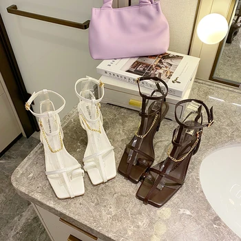 

Women Sandals T Strap Sandals Thin High Heels Metal Design Sandals White/Brown Square Toe Slippers Fashion Dress Pumps Sandals
