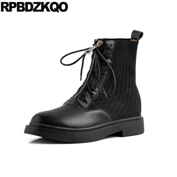 

military knit chunky comfortable round toe genuine leather casual women boots winter 2019 shoes autumn black combat short ankle