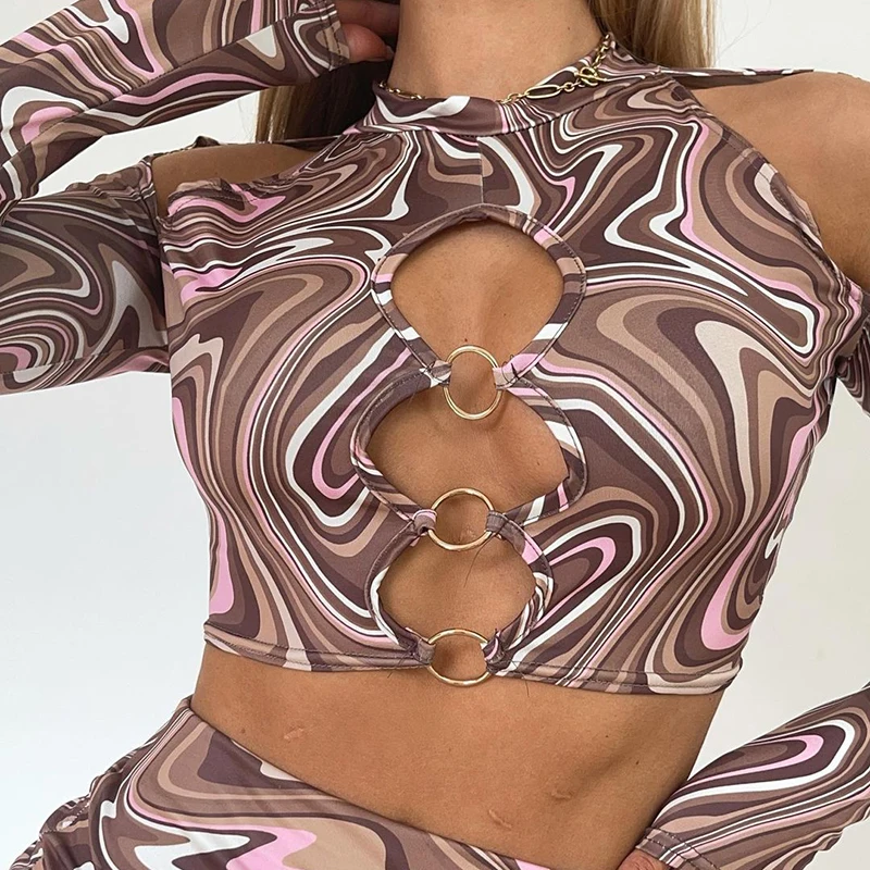 CIBBAR Wave Print Skinny Two Piece Set Women Cut Out Crop Top+Mini Skirt Matching Outfits Sexy Body-Shaping Fashion Hot Clubwear pink sweat suits