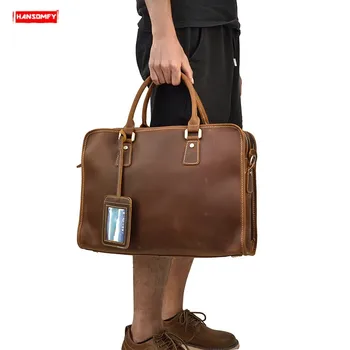 

Genuine Leather Men's Briefcase Retro Handbag Shoulder Bag Male Tote Work Bag Business 15 Inch Computer Bags Crazy Horse Leather