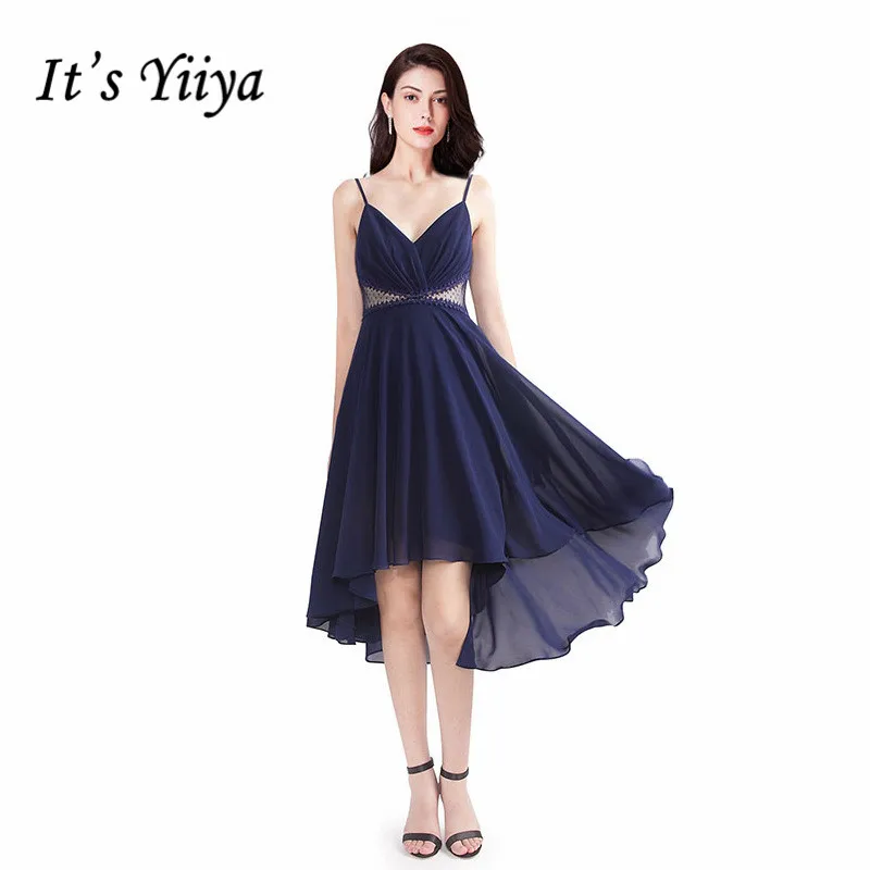 

It's Yiiya Prom Dress Sleeveless V-Neck Backless Chiffon Spaghetti Strap Vestidos De Gala C472 Plus Size Solid Short Prom Dress
