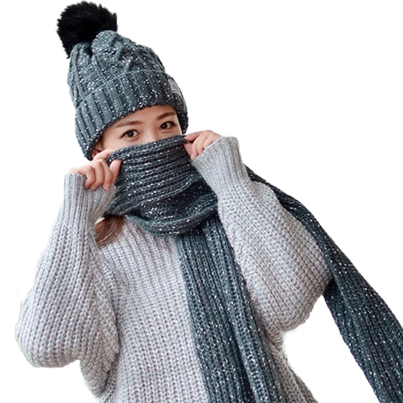 Sparsil, женская зимняя флисовая вязаная шапка с помпоном+ шарф, шапка унисекс, твист, комплект, утолщенная теплая шапка для женщин