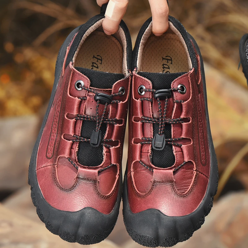 Золотистая обувь в стиле ретро для мужчин; красная обувь из натуральной кожи; мягкие треккинговые мужские кроссовки; Новинка; тактическая обувь для горного туризма