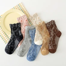 

Retro Sweet Jacquard 3D Flower Breathable Sexy Transparent Summer Sheer Women Socks Shiny Mesh Glitter Short Cotton Cute Socks