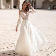 

Puffy Long Sleeve Bridal Dress Princess Women Beach Wedding Dresses Lace Backless Vestidos Boda Boho Style