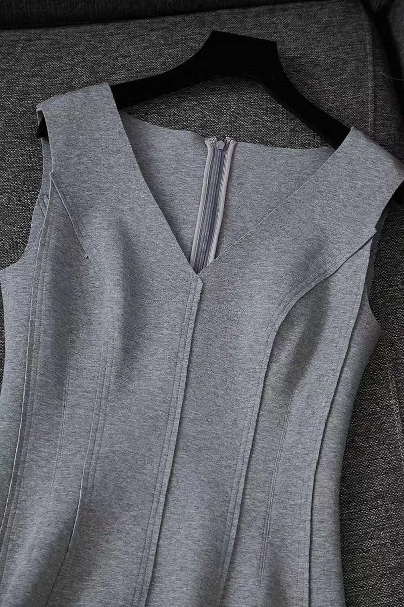 Top Quality New Cotton Dress 2020 Autumn Winter Vestidos Women V-Neck Pleated Stitching Sleeveless Mid-Calf Grey Casual Dress