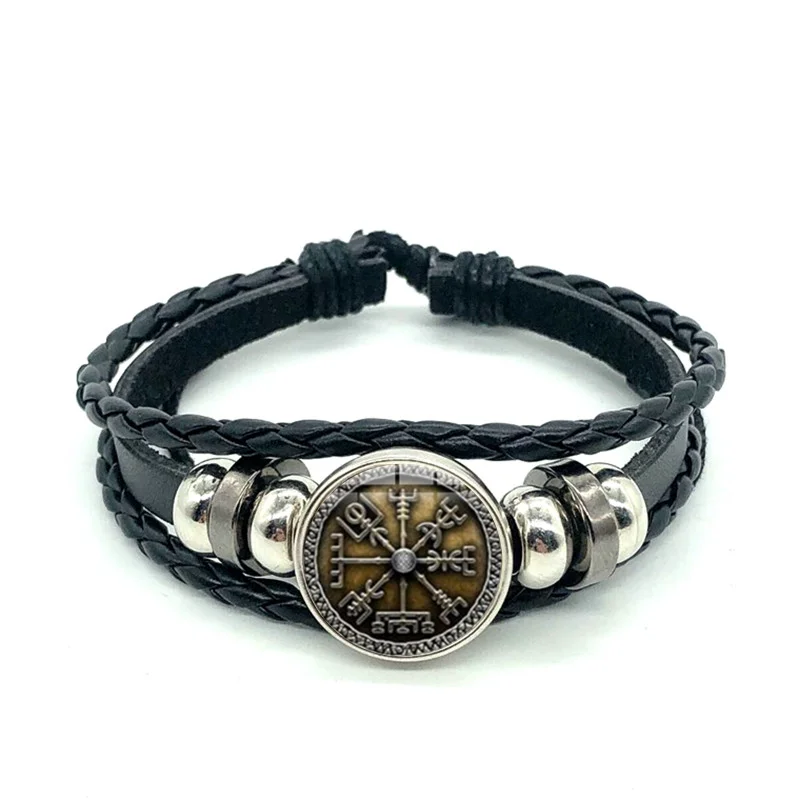 Viking brújula multicapa cuenta de madera pulsera de los hombres de moda Casual de cuero trenzado pulseras brazaletes Punk Retro Wrap pulsera