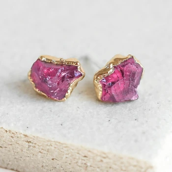 

Dainty Gold Earrings Unique Irregular Raw Rose Red Crystal Petite Birthstone Earring Fashion Woman Jewelry Anniversary Gift
