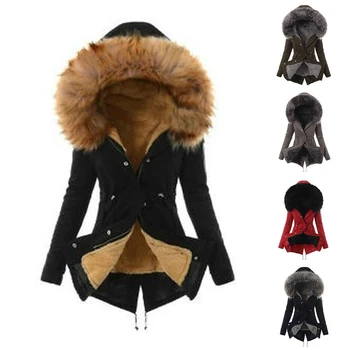 

HEFLASHOR Solid hoody slim jackets coats for women 2019 winter warm Liner plush zipper fur hooded outwear female Thick jacket