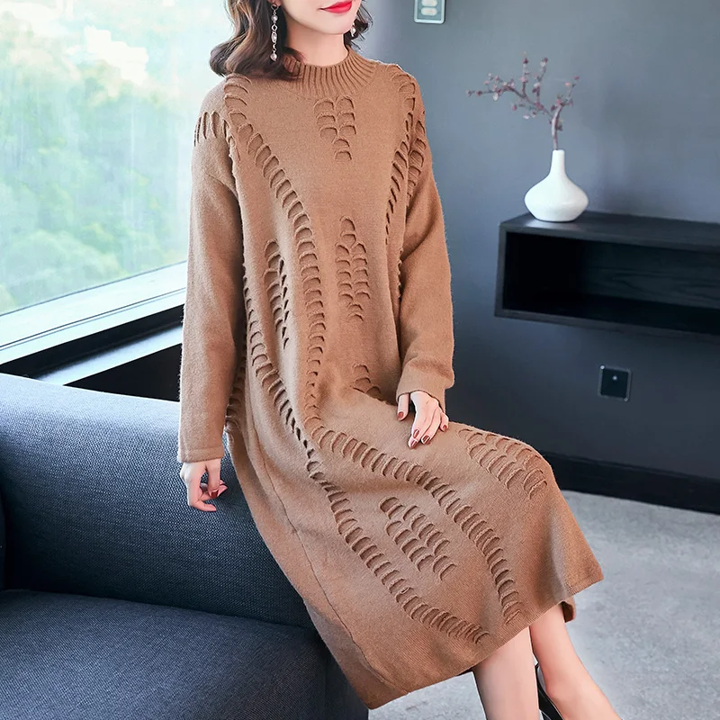 

Knitted Dress Autumn and Winter New Long-sleeved Sweater in the Long Paragraph Loose Womens Plus Size Sweaters Lavender Yellow