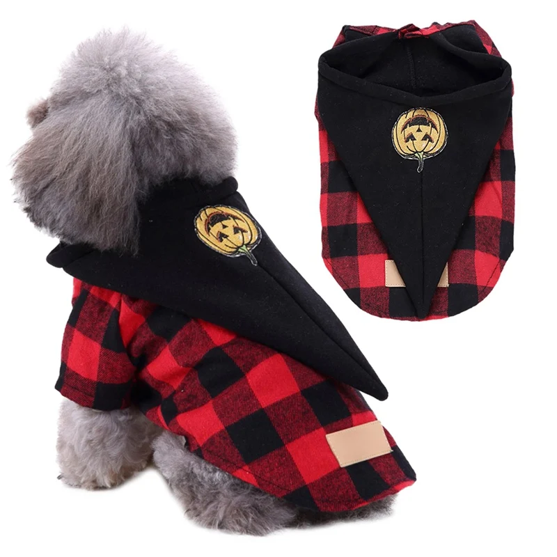 Pet Halloween Cosplay Set For Small And Medium Dogs, Funny Pumpkin Hat And Red And Black Plaids Clothes