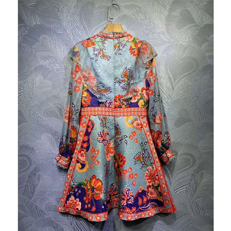 SEQINYY Blue Vintage Dress Flowers Print 2020 Summer Spring New Fashion Design Women Ruffles Luxury Beading Jacquard Runway