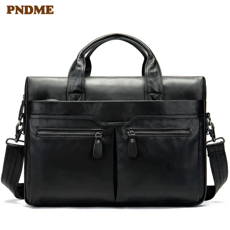 

PNDME casual first layer cowhide men's briefcase natural soft cowhide laptop handbag fashion business shoulder messenger bag