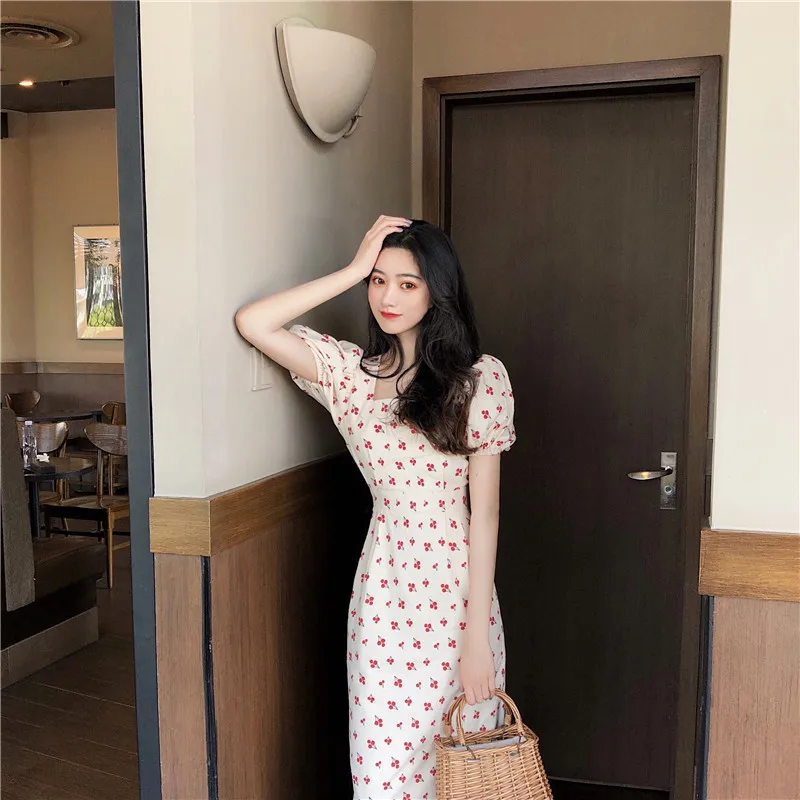 2020 Summer Vintage Puff Sleeve Printed Long Dress Female Elegant Ruffle Square Sleeve Slim Maxi Dresses Vestidos