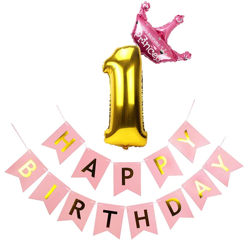 1-й День рождения розовые шары фольги номер баллоны первый день рождения украшения для девочек один год поставки Единорог - Цвет: pink crown 1