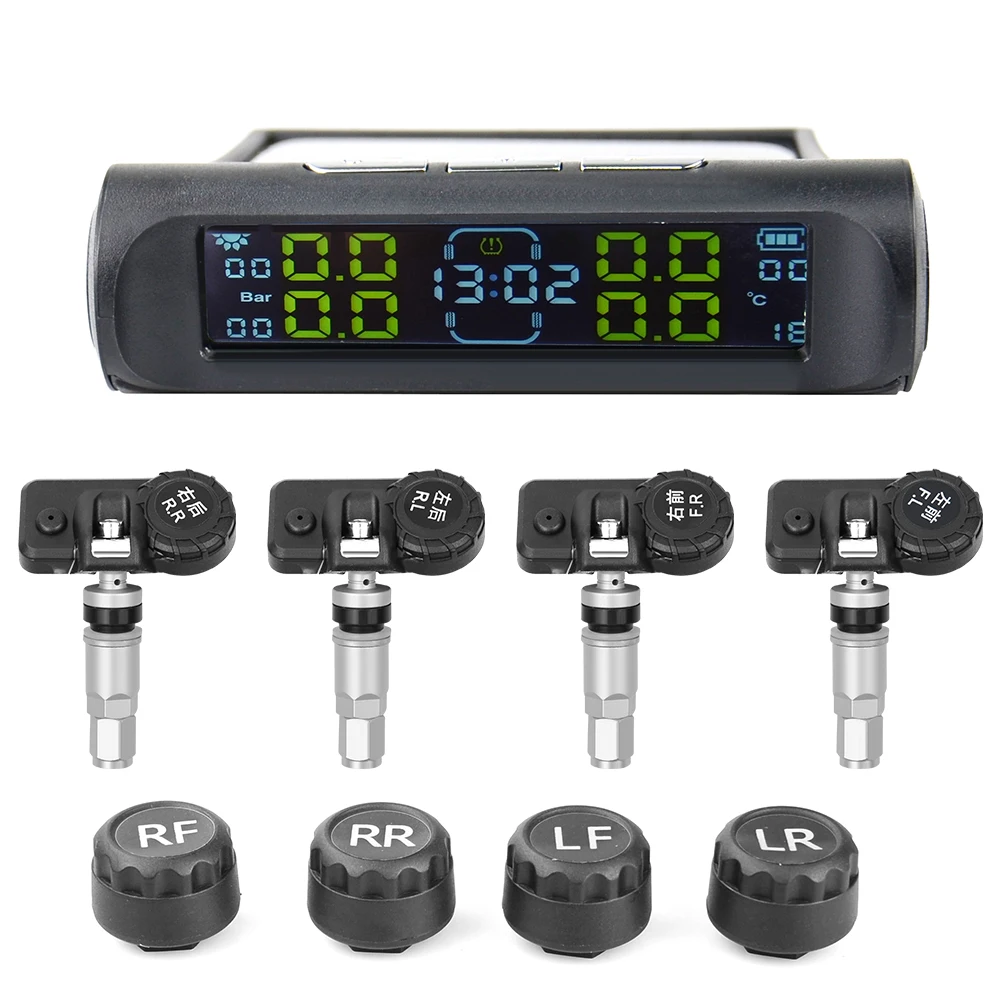 Universal TPMS Wireless Tire Pressure Monitoring System Solar Power Clock LCD Display 4 External Sensor Tire Pressure Sensors car tire pressure monitor car tire pressure sensor