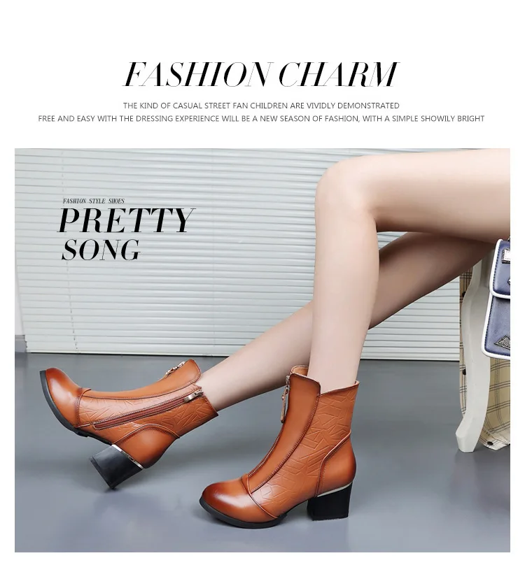SWONCO Really Leather Boots Women Block Heel Winter Shoes Lady Sexy OL Black Ankle Snow Boots Front Zipper Fashion Shoes