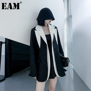 

[EAM] Women Black Contrast Color Big Size Blazer New Lapel Long Sleeve Loose Fit Jacket Fashion Tide Spring Autumn 2020 1DB941