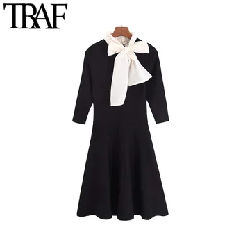 

TRAF Women Vintage Elegant Office Wear Bow Tie Sheath Mini Dress Women Fashion Three Quarter Sleeve Stretchy Female Dresses