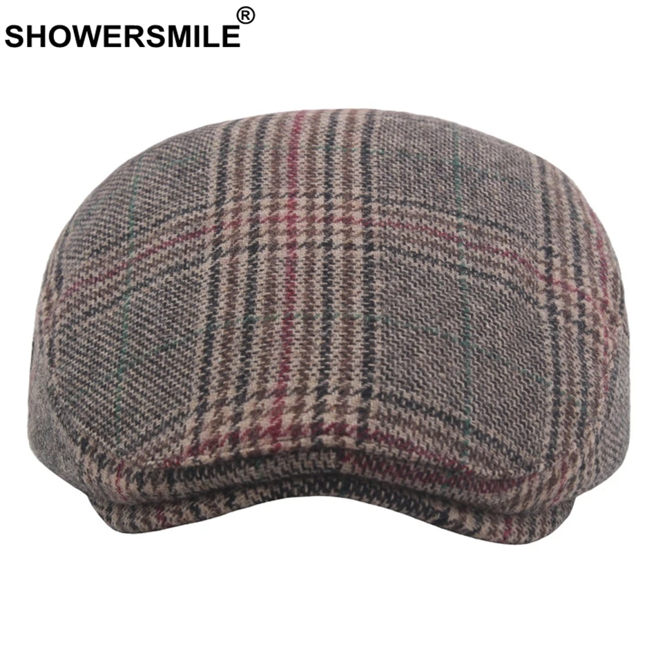 SHOWERSMILE Classic Wool Flat Cap for Men Beret Hat Tweed Wool Plaid