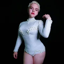 Модный белый жемчуг трико Женская Одежда для танцев Выпускной праздничный наряд бар вечерняя Женская одежда для танцоров боди