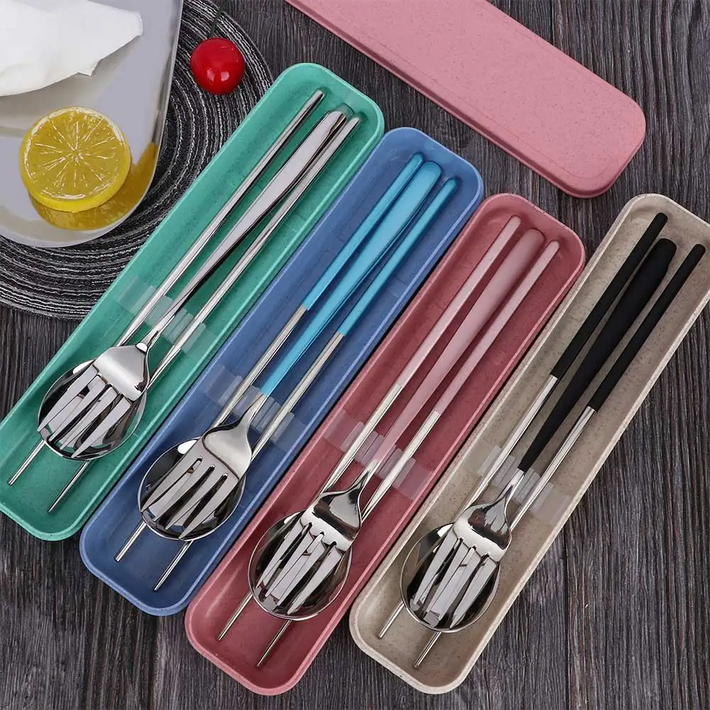 3Pcs Stainless Steel Chopsticks Spoon Fork Tableware Set Portable Gift Box Adult School Travel Picnic Wheat Straw Cutlery Set